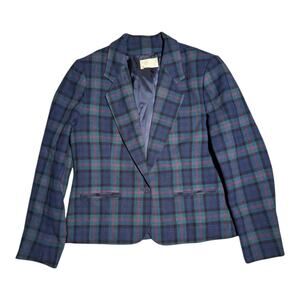 Vtg 1970s Pendleton Black Watch Tartan Navy Green Plaid 100% Wool Blazer 14